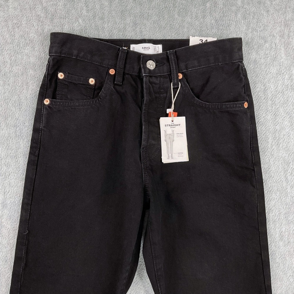 MNG Mango JeansHavana High Waisted Straight Leg‎ Black Frayed Hem Womens 2 NEW - Picture 3 of 16